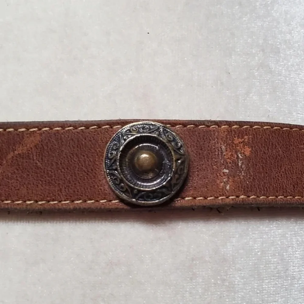 Unisex Vintage Joan & David Brown Leather Copper Stud Pointed Buckle Belt